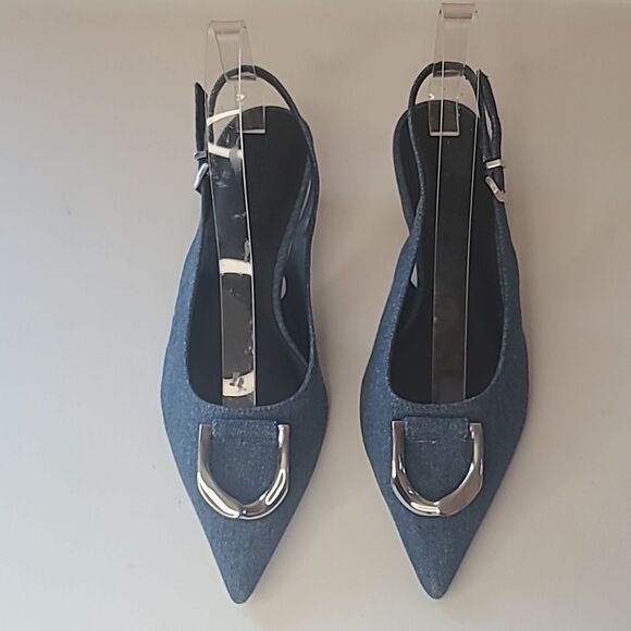 Charles & Keith Gabine Slingback Blue Denim Kitten Heel Silver Decor EU 36 - Picture 3 of 16